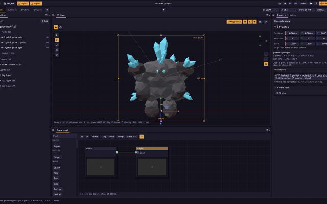 Scene: import a model, place the camera, set the pixel scale