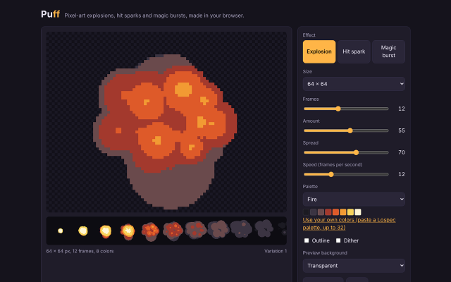 Main screen: a 64 px explosion in the built-in Fire palette, with the frame strip below